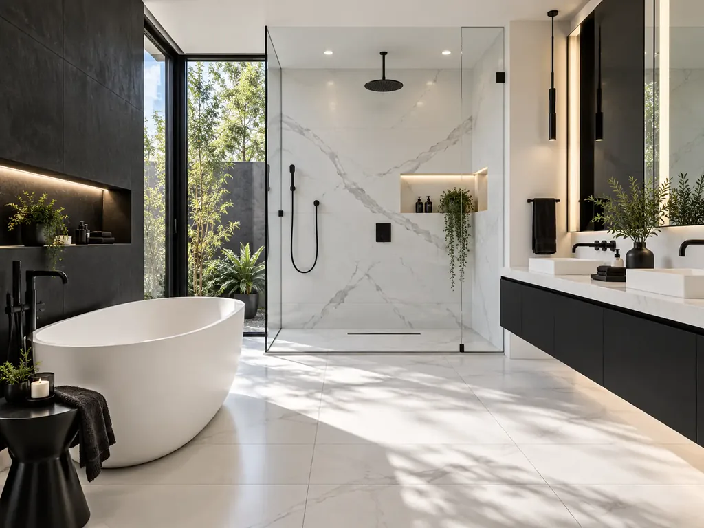 Modern black and white bathroom with floating vanity and frameless shower
