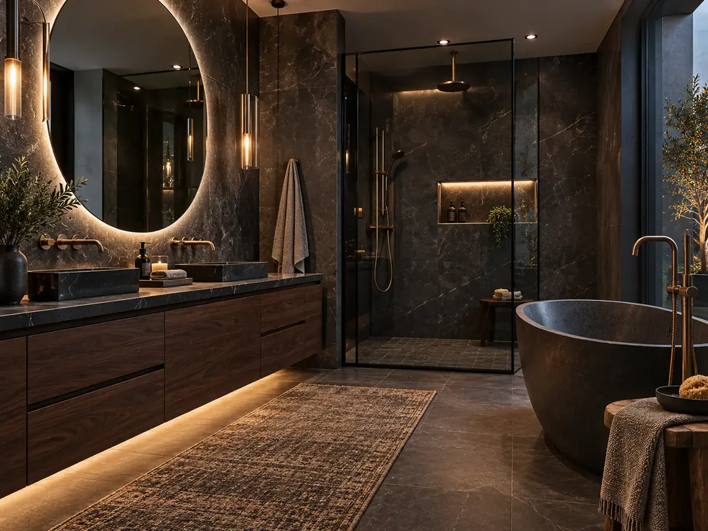 Dark stone luxury bathroom with walnut vanity and bronze fixtures