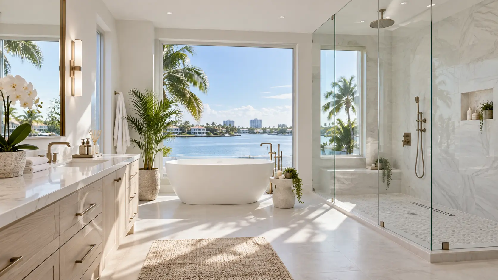 Luxury coastal bathroom remodeling design in Boca Raton Florida with freestanding tub and frameless shower