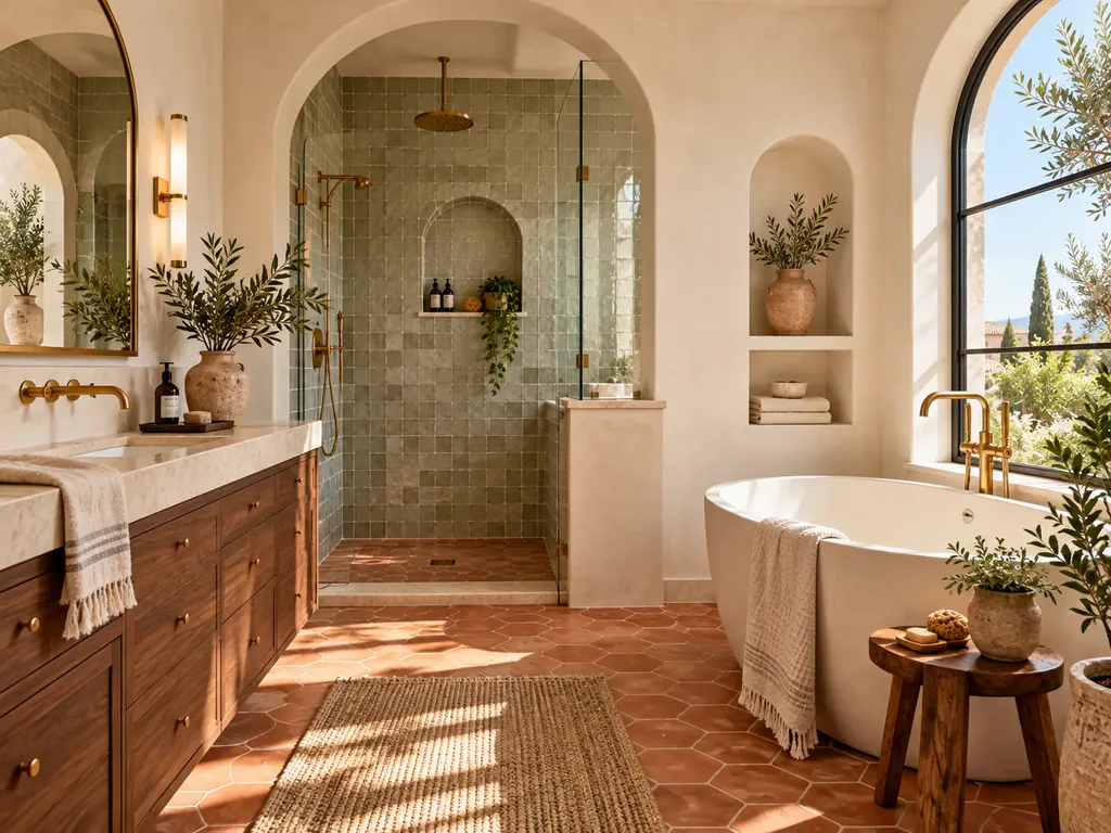 Mediterranean bathroom with terracotta flooring and green zellige shower tile