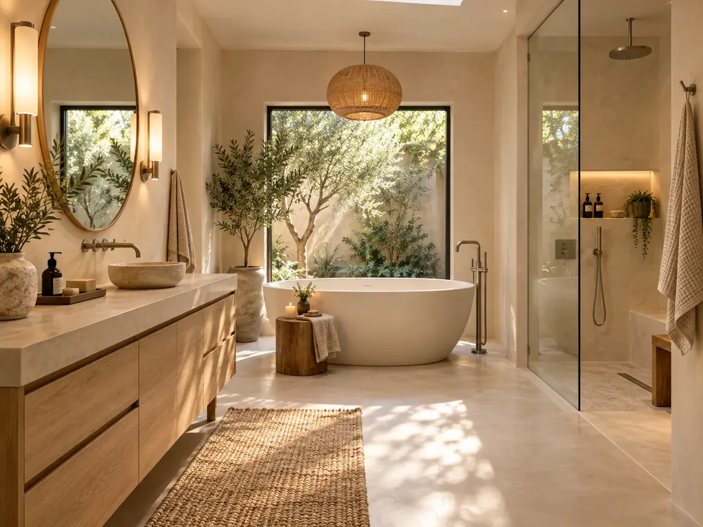 Warm Japandi bathroom with oak vanity and freestanding soaking tub